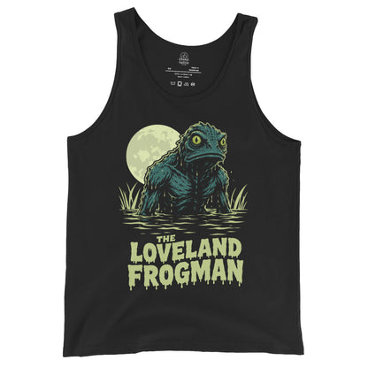 Black Loveland Frogman tank top with Ohio cryptid rising from swamp water under a full moon