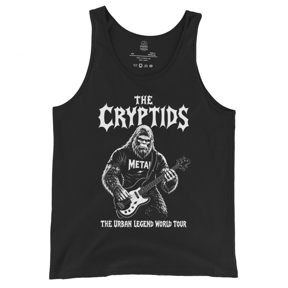 Black bigfoot metal band tank top with a sasquatch playing bass guitar and tour lettering