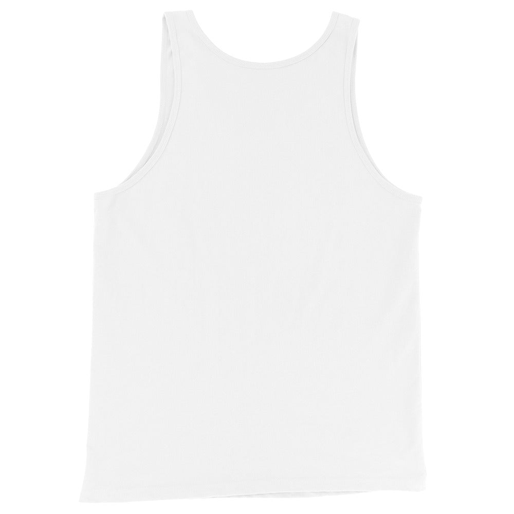Plain white back of the unisex Lucifurr gothic cat tri blend vest top