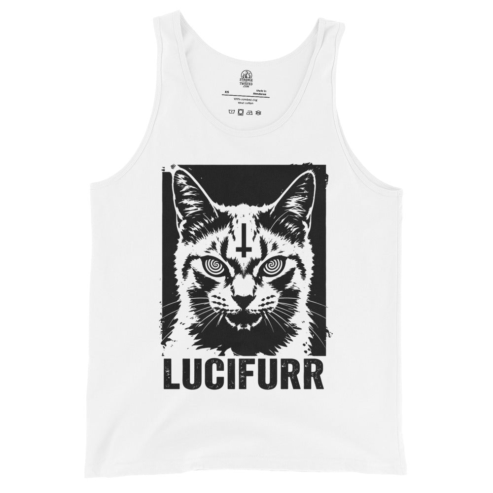 White occult cat tank top with black woodcut Lucifurr print and inverted cross