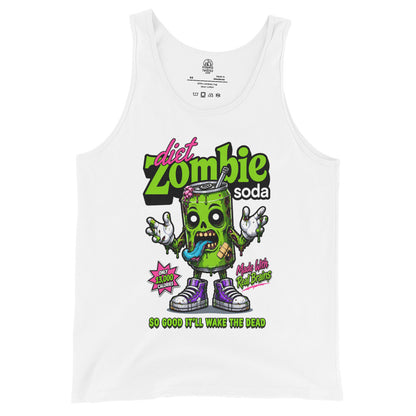 White Diet Zombie Soda tank top with a cartoon undead green soda can and dripping horror lettering