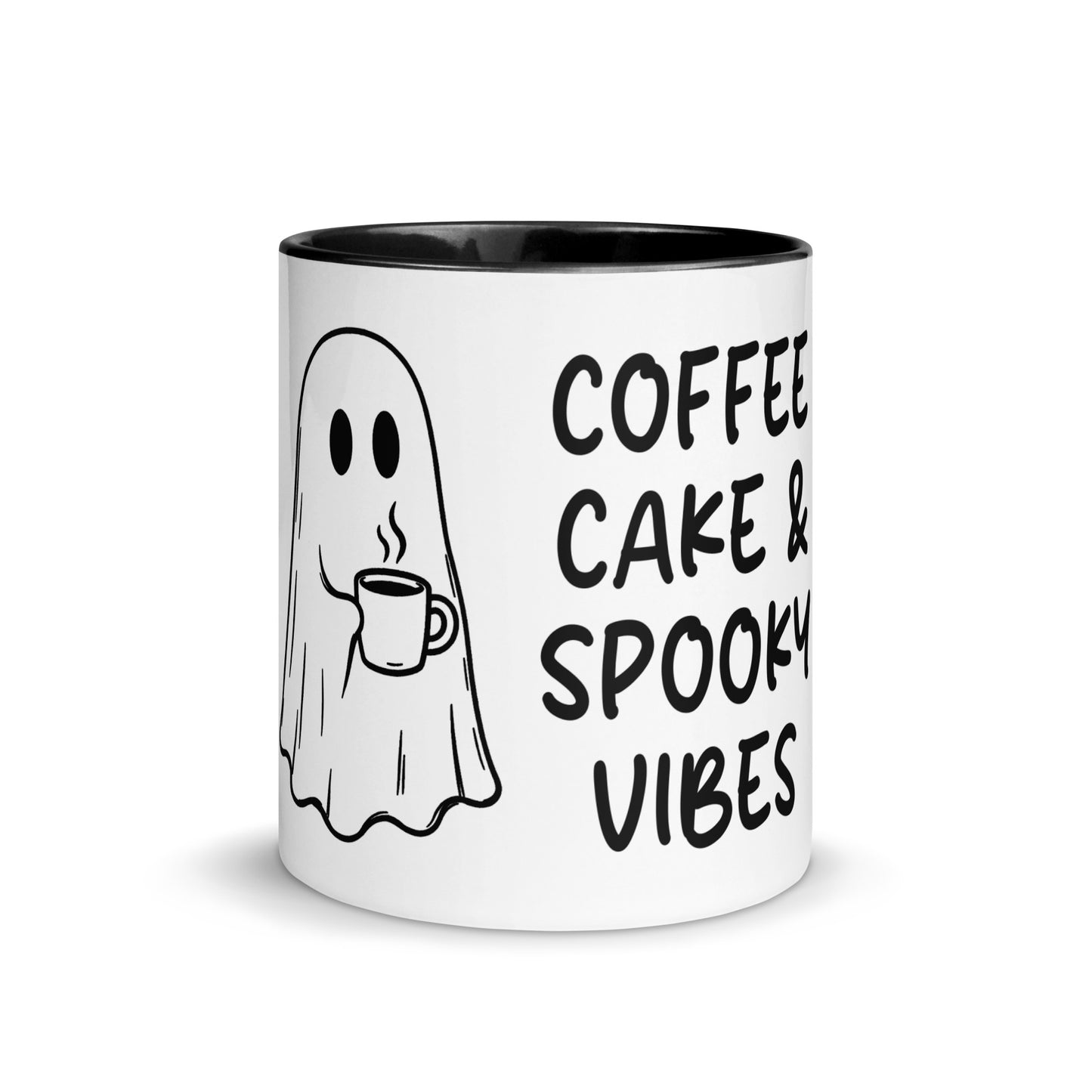 Coffee Cake and Spooky Vibes spooky coffee mug with distressed gothic typography on white ceramic mug