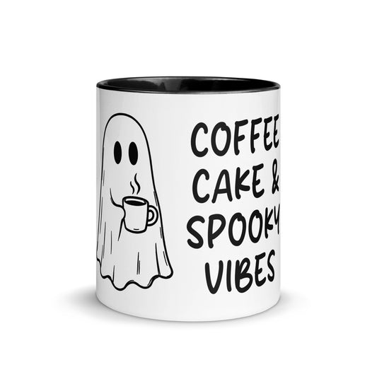 Coffee Cake and Spooky Vibes spooky coffee mug with distressed gothic typography on white ceramic mug