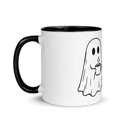 White spooky coffee mug featuring Coffee Cake and Spooky Vibes vintage paranormal typography design