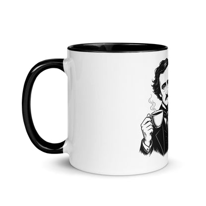 White Edgar Allan Poe coffee mug featuring Poe Me Another Cup dark academia typography design
