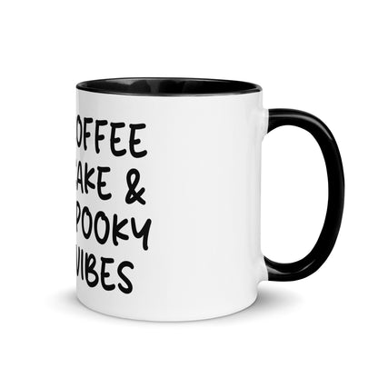 Funny gothic coffee mug with Coffee Cake and Spooky Vibes spooky lettering on white ceramic mug